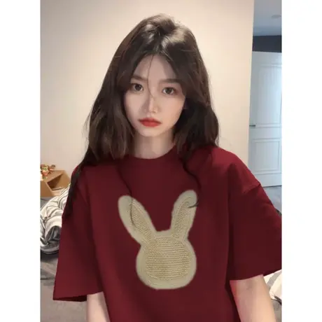 纯棉重磅设计感兔子短袖t恤女春夏季2023新款宽松大码正肩上衣服图片