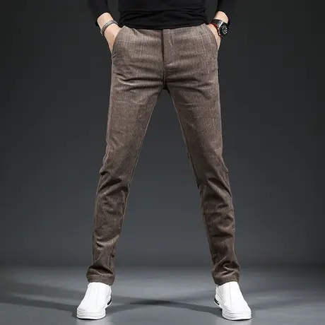 2022新款秋冬季灯芯绒裤子男休闲裤修身小脚卡其色格子高务男装裤商品大图
