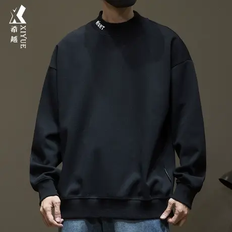 春秋款中高领罗纹刺绣卫衣男潮流复古水洗内搭打底衫男士宽松大码商品大图