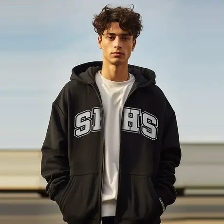 oversize春秋薄款宽松大码连帽字母印花拉链开衫胖子卫衣男生外套商品大图