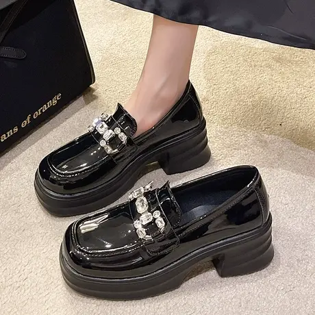 厚底乐福鞋女2023春夏新款百搭法式复古高跟水钻黑色英伦风小皮鞋商品大图