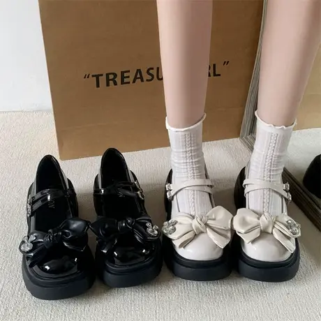 玛丽珍鞋女夏季2023新款蝴蝶结浅口粗跟厚底单鞋配裙子百搭小皮鞋商品大图