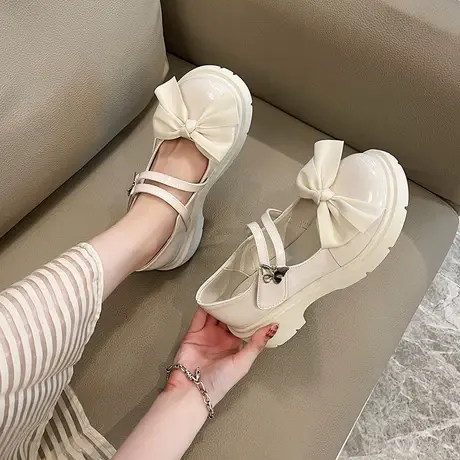 软妹复古学院英伦萝莉蝴蝶结浅口圆头小皮鞋女2023厚底单鞋乐福鞋商品大图