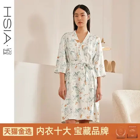 HSIA遐睡袍女薄款印花缎面宽松外披家居服优雅舒适中长款新娘晨袍图片