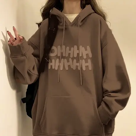 大码美式棕色连帽卫衣女胖mm春秋款洋气oversize外套上衣2-300斤商品大图