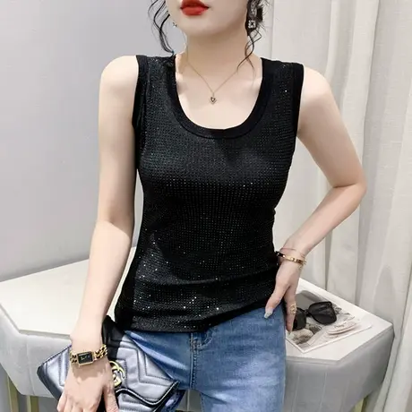 重工烫钻背心女内搭2024夏季新款欧货闪亮个性上衣圆领无袖小衫潮图片