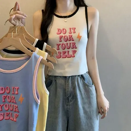 美式复古印花白色背心bm小吊带女夏季修身短款内搭纯棉打底衫上衣商品大图