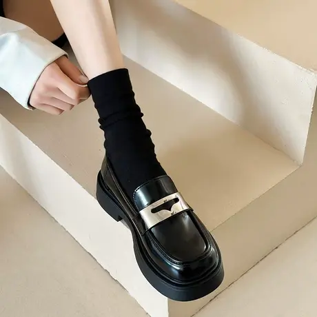 一脚蹬乐福鞋女2024年春秋季新款厚底百搭黑色单鞋粗跟英伦小皮鞋商品大图