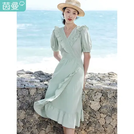 茵曼浪漫连衣裙2023夏女装新款V领泡泡袖短袖牙签褶收腰中长裙子商品大图