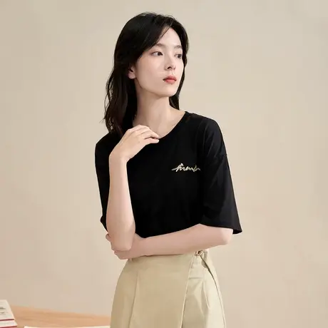 【商场同款】茵曼2023春季女装新款休闲百搭纯棉宽松圆领短袖T恤图片