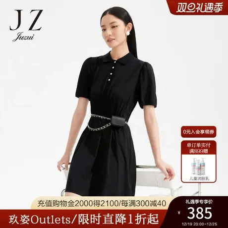JZ玖姿运动风POLO领小黑裙女装2022夏季新款时尚压褶收腰连衣裙图片