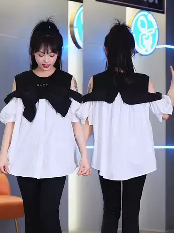 设计感蝴蝶结撞色拼接假两件露肩衬衣夏季新款韩版中长款显瘦衬衫图片