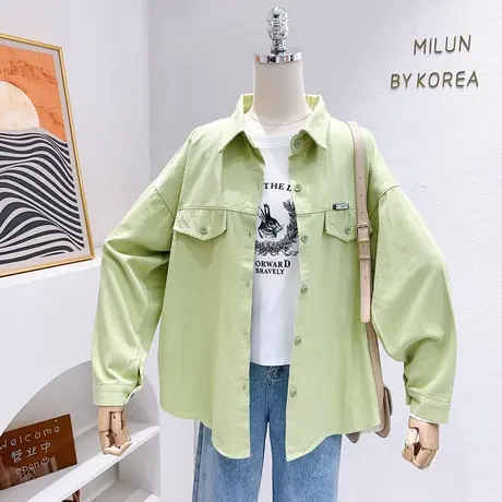 秋季多巴胺穿搭~韩国东大门ins水洗牛仔衬衫外套上衣宽松微胖显瘦商品大图