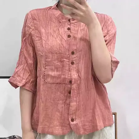 文艺复古120细支苎麻100%短袖上衣夏季薄款宽松显瘦气质棉麻衬衣商品大图