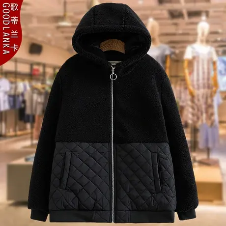 中年妈妈冬装羊羔绒拼接棉服女大码宽松时尚连帽加厚保暖棉衣外套商品大图