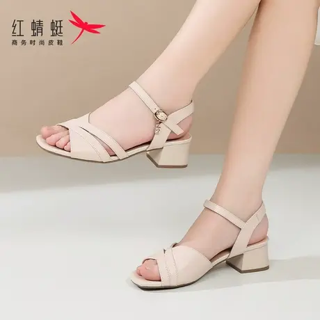 红蜻蜓夏季女士小高跟凉鞋女2025新款外穿真皮夏天绝美不累脚单鞋商品大图
