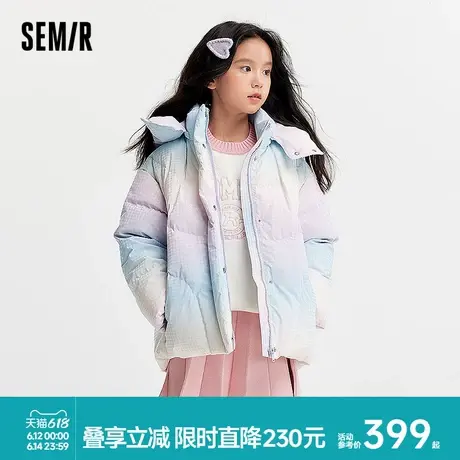 森马儿童羽绒服2024新款甜美千鸟格外套宽松连帽冬装渐变女童上衣商品大图