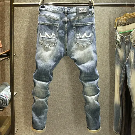 个性口袋绣花牛仔裤男款美式复古修身小脚裤秋冬款港风做旧长裤子商品大图