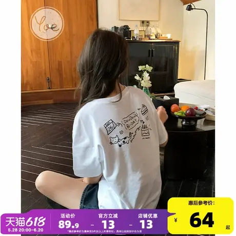 yoe短袖t恤女上衣白色前胸口袋夏季新款设计感卡通印花宽松纯棉正商品大图