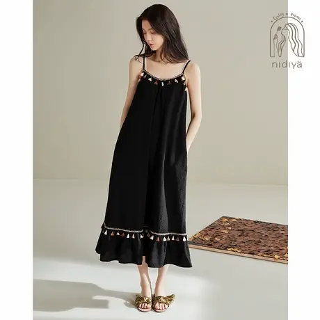 妮狄娅睡衣睡裙女夏季提花棉中长吊带裙时尚度假风可外穿家居服图片