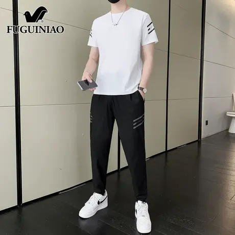 富贵鸟运动套装男士2025夏季新薄款潮流短袖t恤冰丝休闲长裤一套商品大图