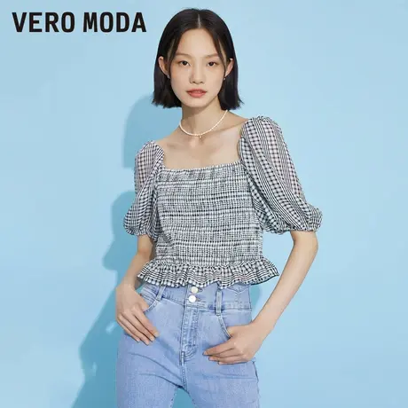 Vero Moda奥莱夏季清仓甜美气质法式格子泡泡袖修身百搭上衣女图片