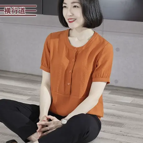 2023夏季新款简约休闲圆领宽松纯色短袖衬衫大码女上衣中年妈妈装图片