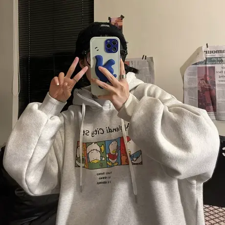 盐系港味复古chic卫衣连帽vintage灰色秋冬加厚宽松大码情侣装潮图片