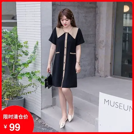 2023年夏季新款减龄娃娃领撞色显瘦直筒遮肚子大码胖MM遮肉连衣裙商品大图