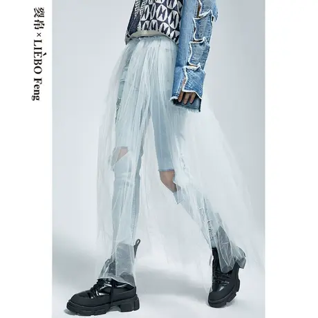 裂帛LIEBOFeng设计师品牌ins高街时髦浅蓝色网纱破洞九分牛仔裤女商品大图