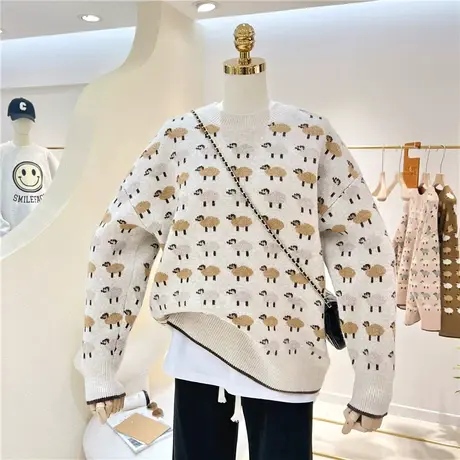春秋冬百搭减龄卡通小羊图案宽松显瘦加厚保暖针织套头毛衣女内搭商品大图