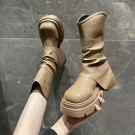 永希粗跟厚底短筒马丁靴女2023年春秋季新款时尚增高小个子瘦瘦靴商品大图