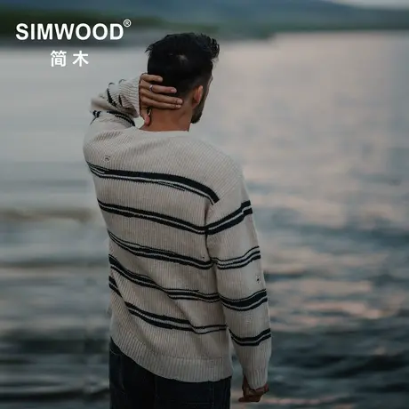 Simwood简木男装【宽松版型】绵羊毛混纺条纹破洞保暖针织毛衣图片