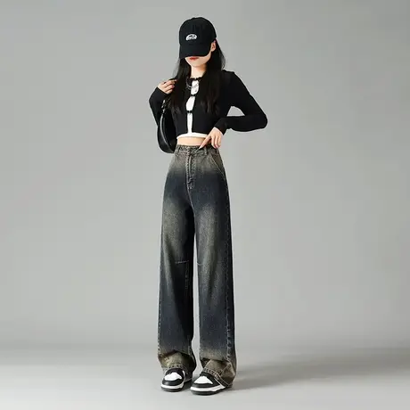 拉夏贝尔牛仔阔腿裤女秋季2025新款复古拖地裤美式宽松直筒休闲裤商品大图