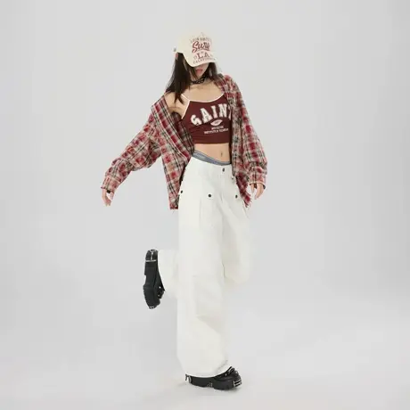 白色直筒高腰多口袋阔腿裤女春秋新款宽松显瘦高街休闲工装长裤商品大图