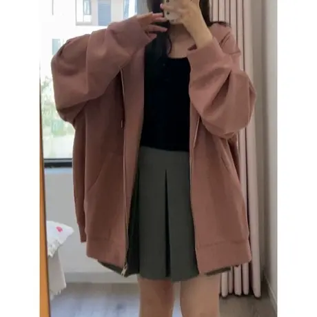 纯色简约连帽开衫卫衣女春秋季百搭宽松显瘦ins潮牌拉链上衣外套商品大图