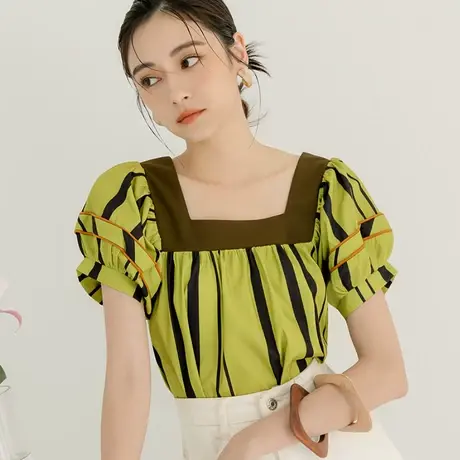 桔熊夏季通勤方领撞色条纹小衫多巴胺女孩泡泡袖上衣大码AB18822图片