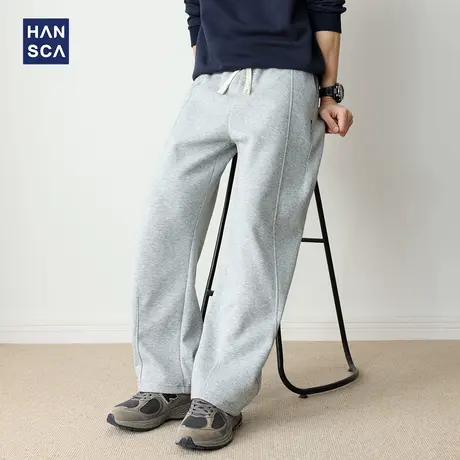 hansca宽松阔腿卫裤男秋季新款直筒松紧腰美式弯刀运动拼接休闲裤图片