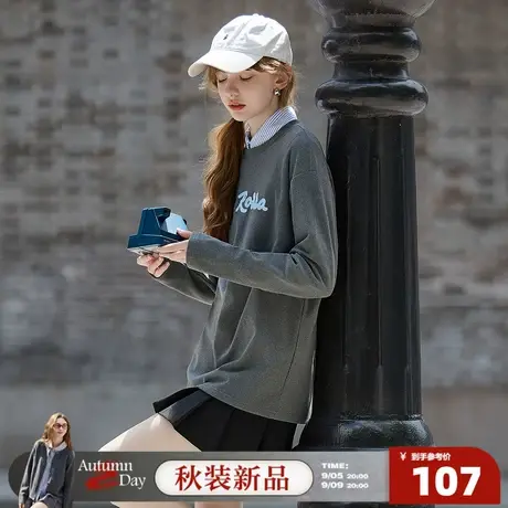 唐狮2025年秋季新款长袖T恤女链条绣打底上衣圆领显瘦美式套头t恤商品大图