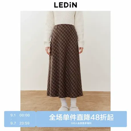 乐町复古学院风伞裙女冬季新款格纹大摆长裙韩系奶咖色半身裙图片