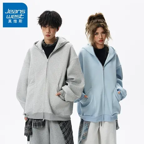N5真维斯男士开衫卫衣2025新款秋季美式宽松拼接连帽情侣春秋外套商品大图