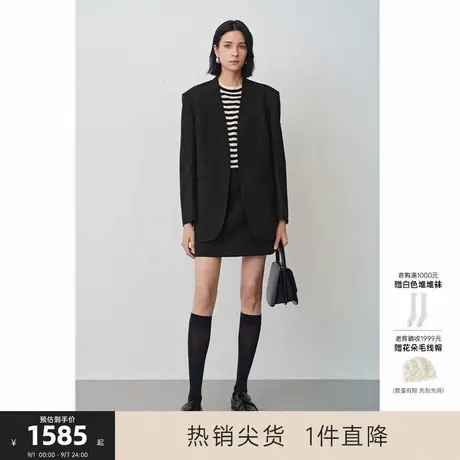 MISSCOCOON可可尼C3系列黑色长袖简约宽松25秋冬款⽺⽑⽆领西装女商品大图