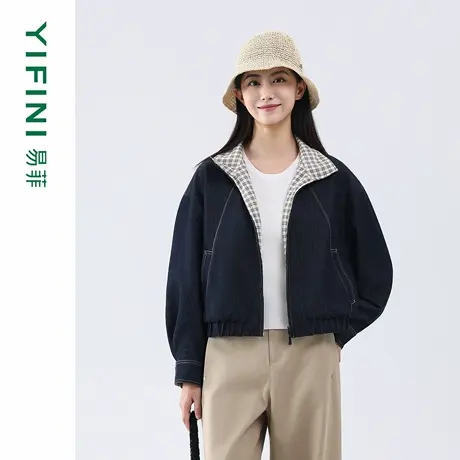 Yifini/易菲2025秋季新款双面穿牛仔外套条纹印花上衣短款外套女商品大图