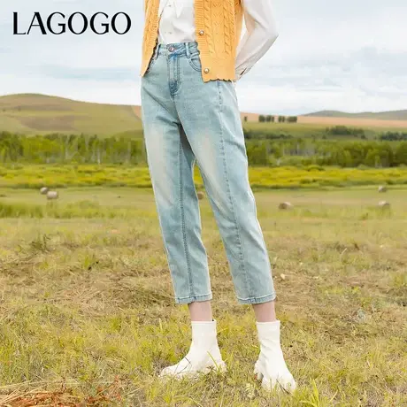 LAGOGO高腰水洗做旧复古牛仔裤女拉谷谷秋季新款小个子九分直筒裤商品大图