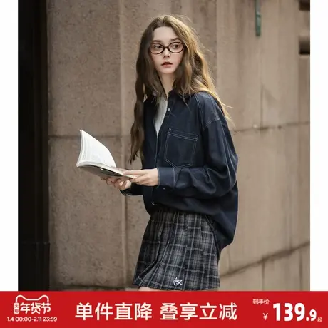 唐狮2026衬衣女春秋长袖港风复古女士休闲明线设计牛仔长袖衬衫图片