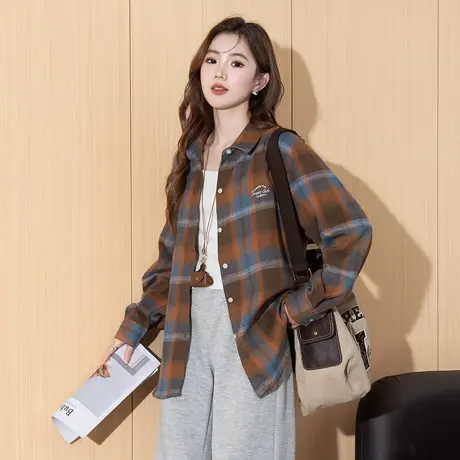 唐狮春秋季新款长袖衬衫女翻领格子衬衫美式复古上衣宽通勤休闲TM图片