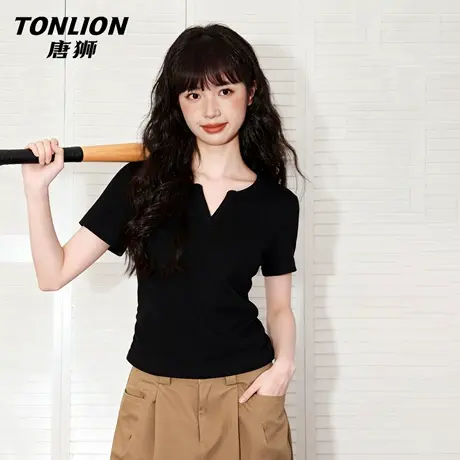 唐狮官方短袖t恤女2026新款夏季女士修身显瘦v领正肩短款上衣女VB商品大图