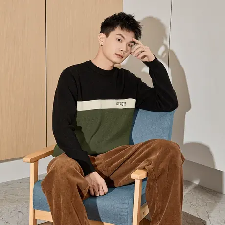 唐狮秋冬季新款毛衣男生圆领撞色拼接商务休闲内搭上衣百搭潮TD图片