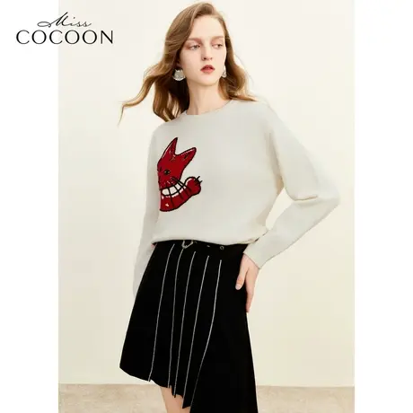 missCOCOON手工勾线猫咪图案毛衣2023冬季新女宽松圆领毛针织衫图片