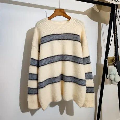 慵懒风条纹毛衣女秋冬新款韩版宽松大码设计感小众针织衫上衣外穿商品大图